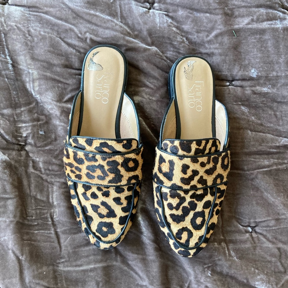 Leopard Slip-On Mules. Franco Sarto. Size 7.  Calf hair.